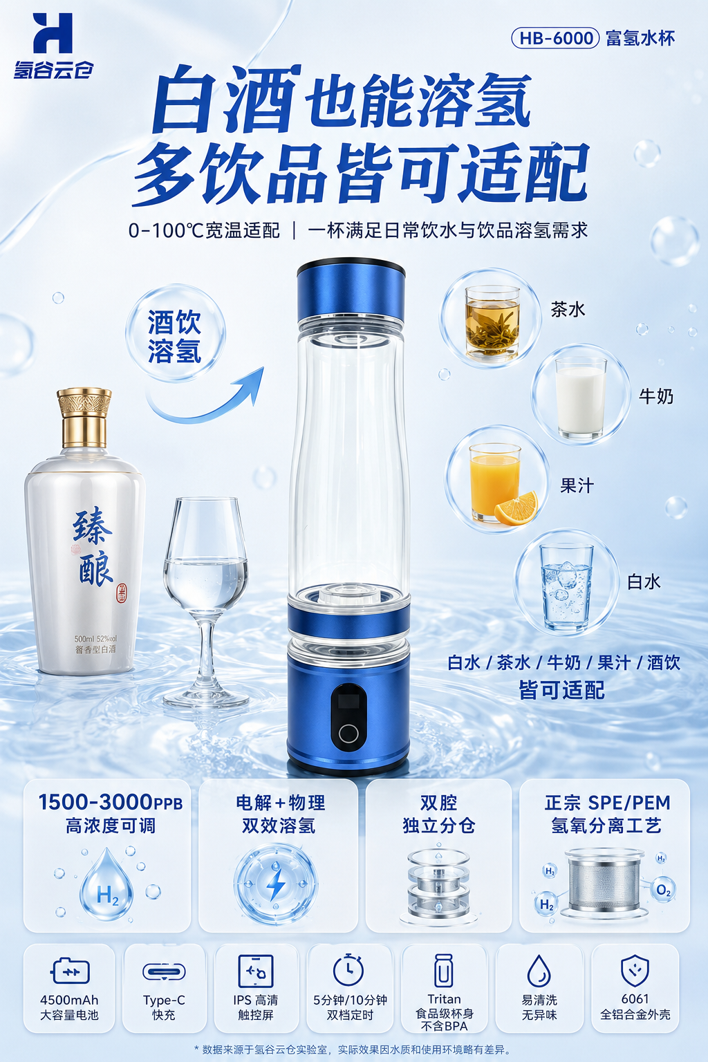 氢谷云仓 HB-6000 氢谷云仓 HB-6000 双腔富氢水杯